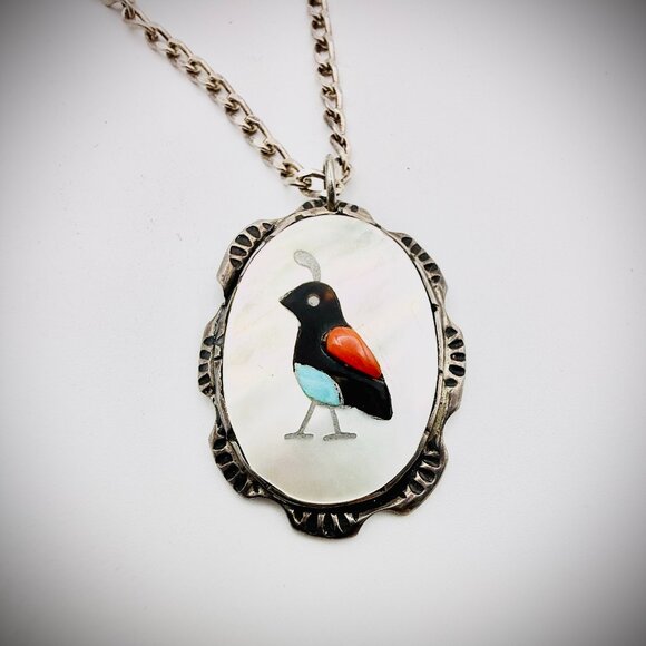 Jewelry - Sterling Zuni Inlay Quail Pendant Necklace MOP Turquoise Coral "RQ"